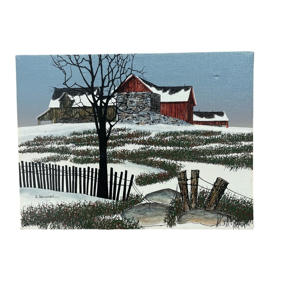H Hargrove 1982 Signed Canvas Painting Winter‎ Barn Art Unframed 12" x 16"